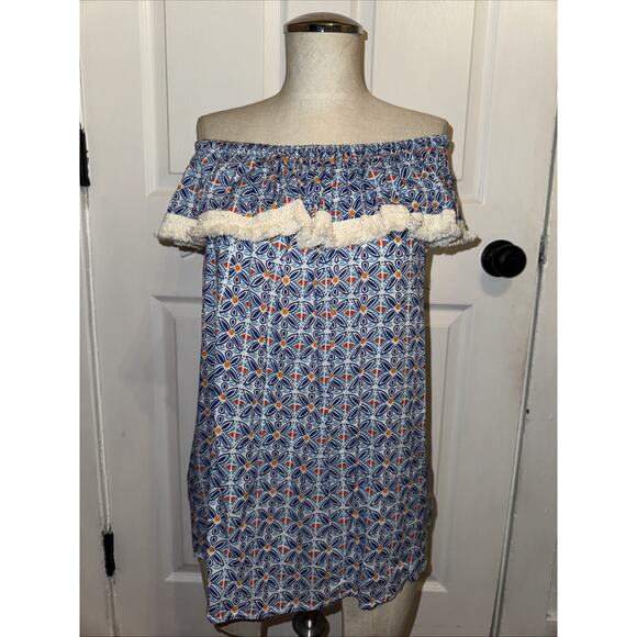 Roberta Roller Rabbit Medium Lucia Geometric Off Shoulder Fringe Blouse Top M - Picture 1 of 5